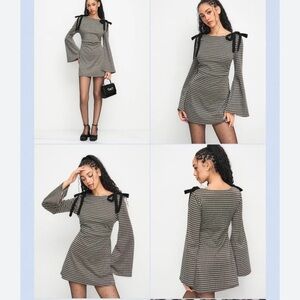 Cider Cotton-blend Boat Neck Gingham Bowknot Ruched Mini Dress